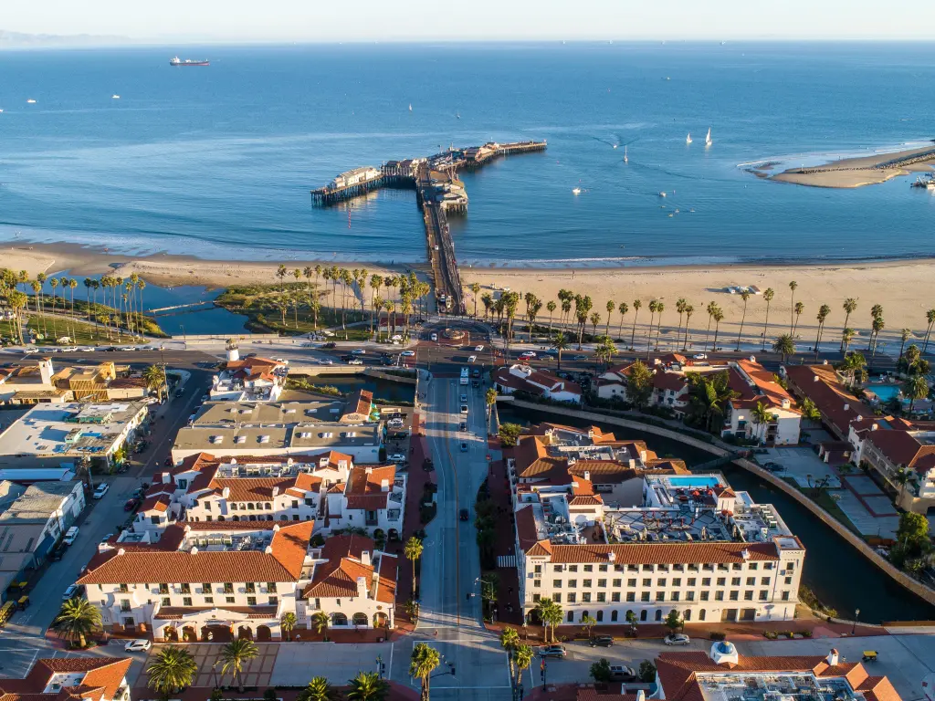 View from above the skyline of the city onto the ocean