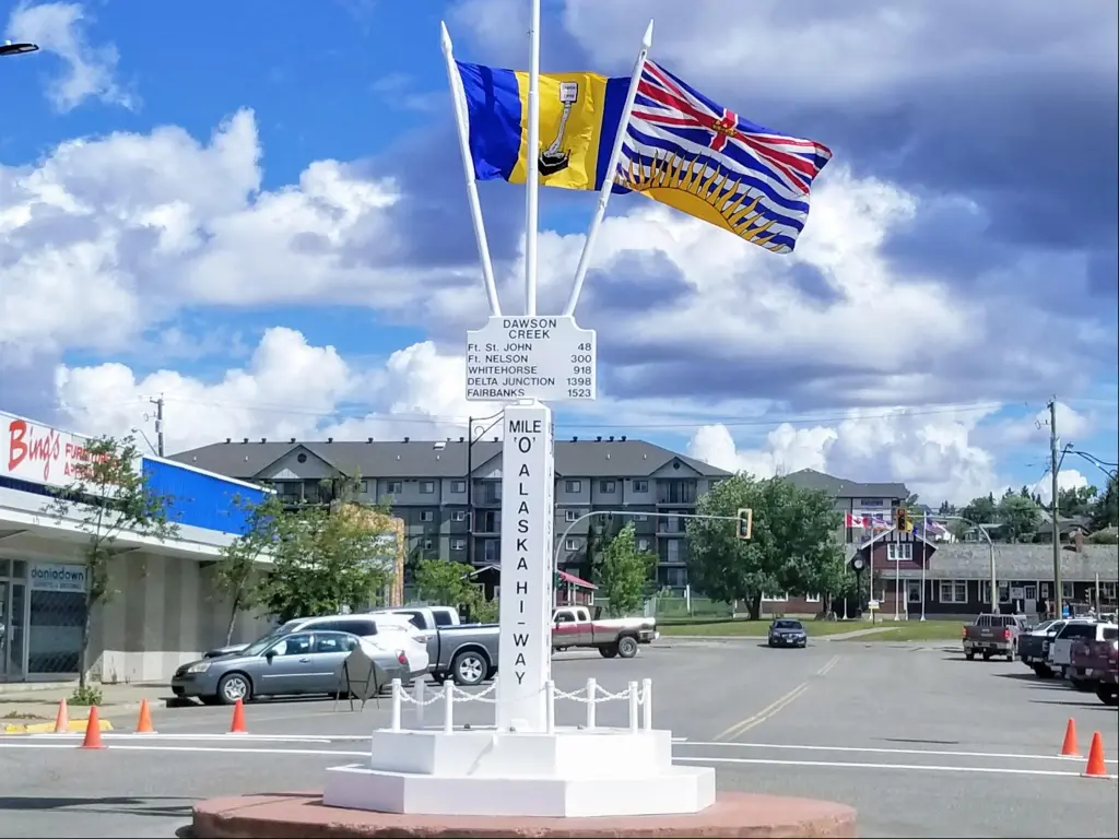 Dawson Creek, BC, Canada, June, 2018, mile 0 landmark of the Alaska Highway.