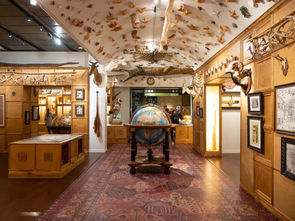 Beautiful exhibition space inside the museum with a globe in the center