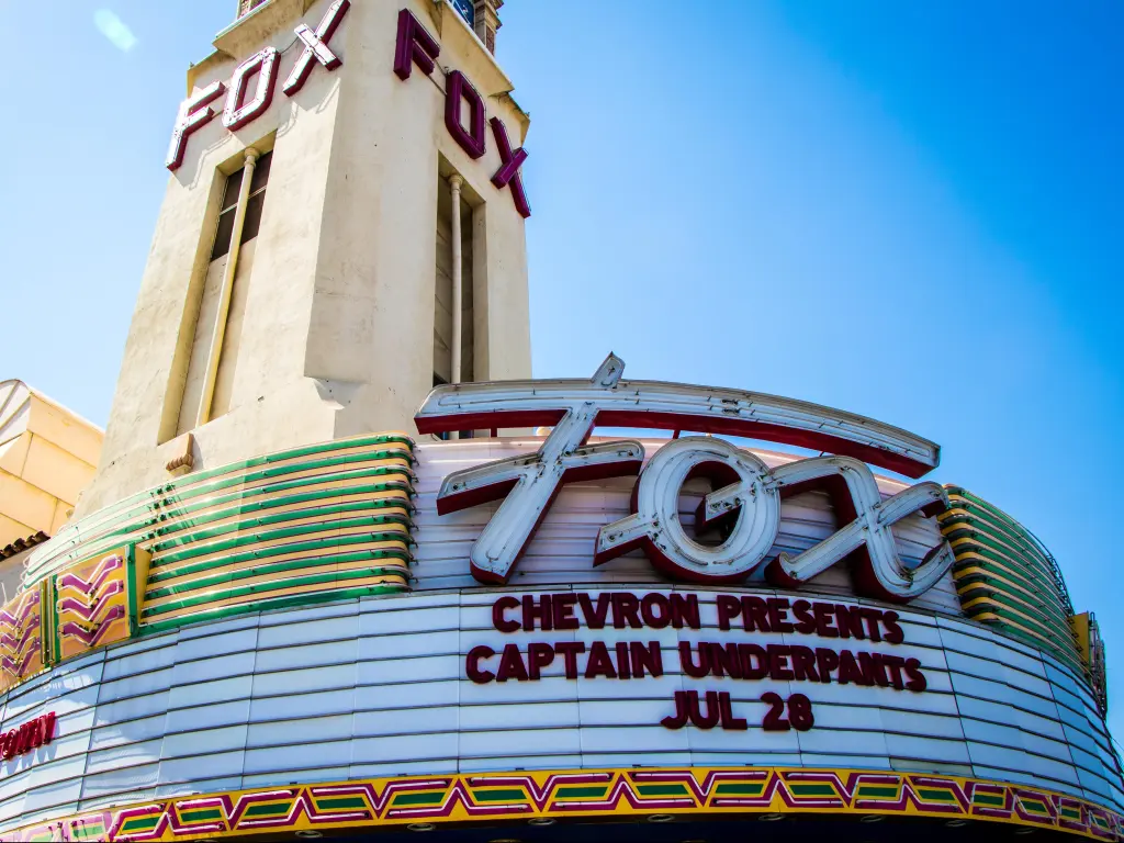 Close up of the art deco facade of Fox Theater in Bakersfield, USA, presenting a showing of "Captain Underpants" 