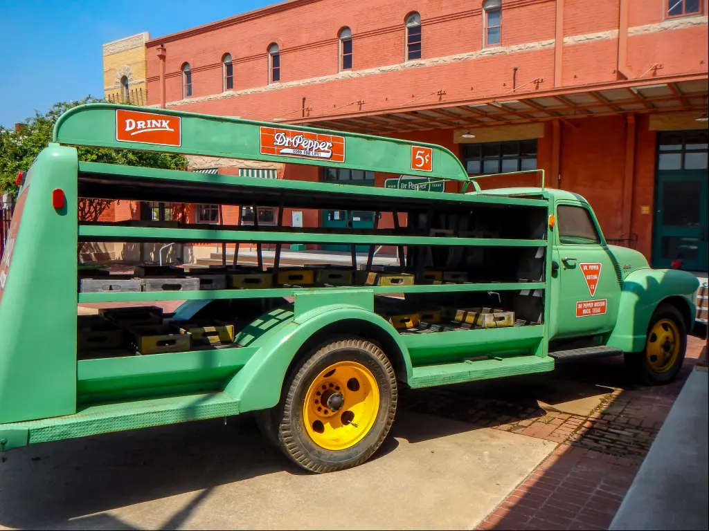 Green vintage delivery truck outside the Dr Pepper Museum, Waco TX