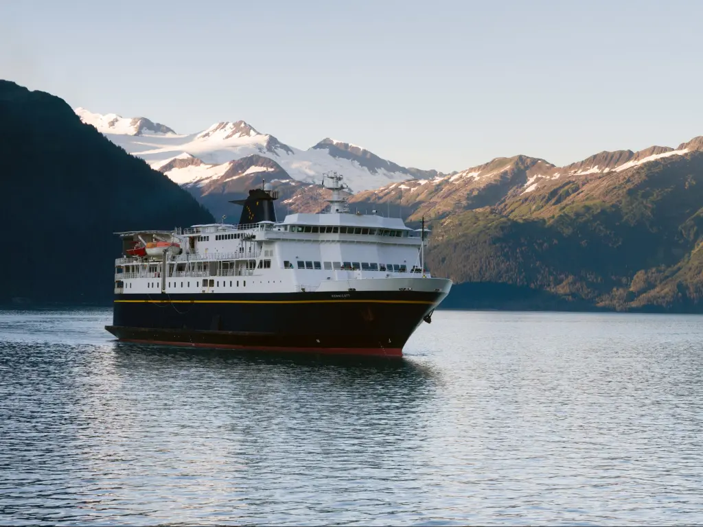 The MV Kennicott an Alaskan ferry arrives to pick up new passengers on 08/03/15 in Whittier, AK.