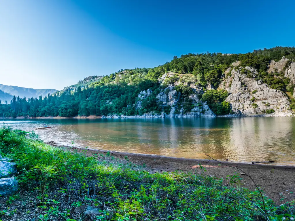 View of the lake from the shore with forested cliffs in the background