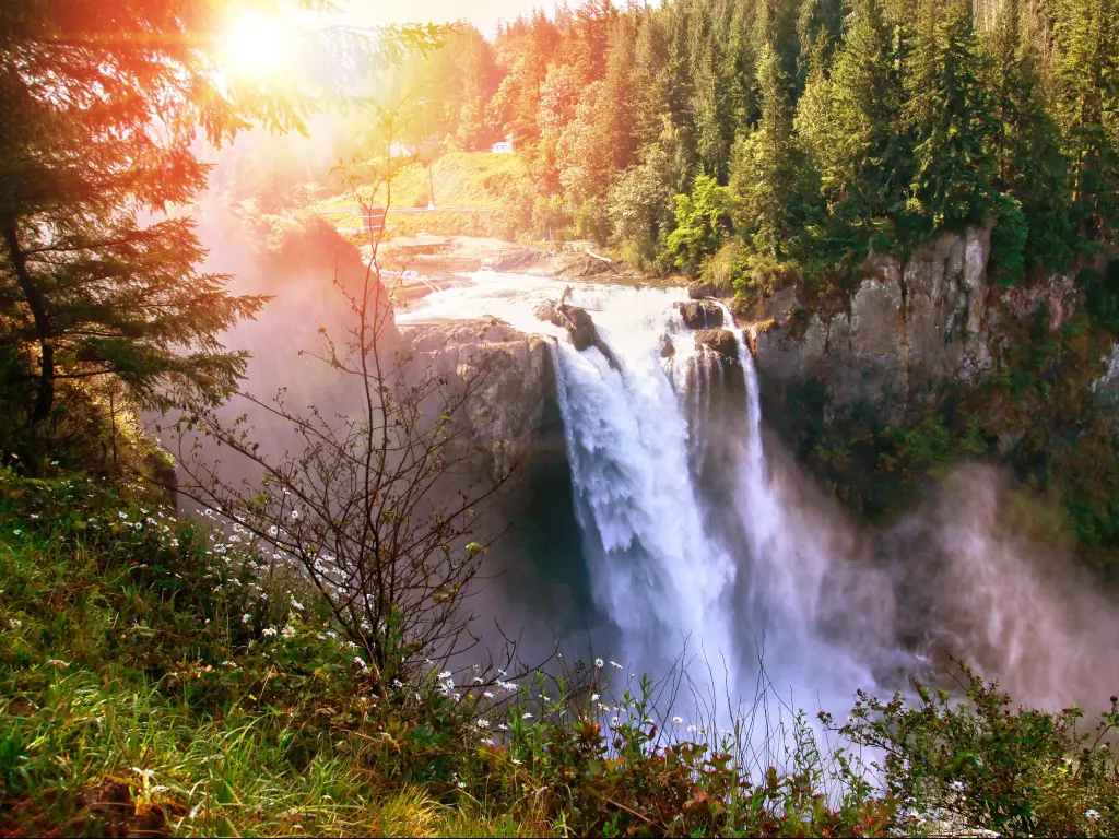 Snoqualmie Falls, Washington State, USA with the morning sun peeking through the trees and a stunning waterfall surrounded by dense trees. 