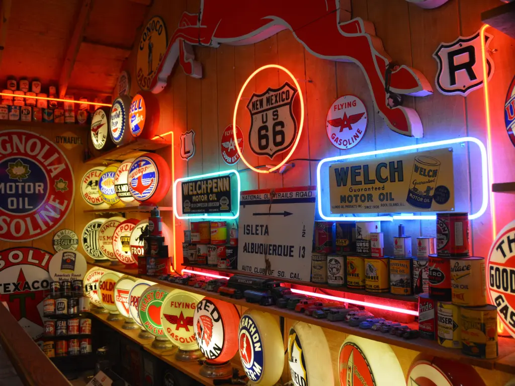 Interior of the museum with neon-lit signs