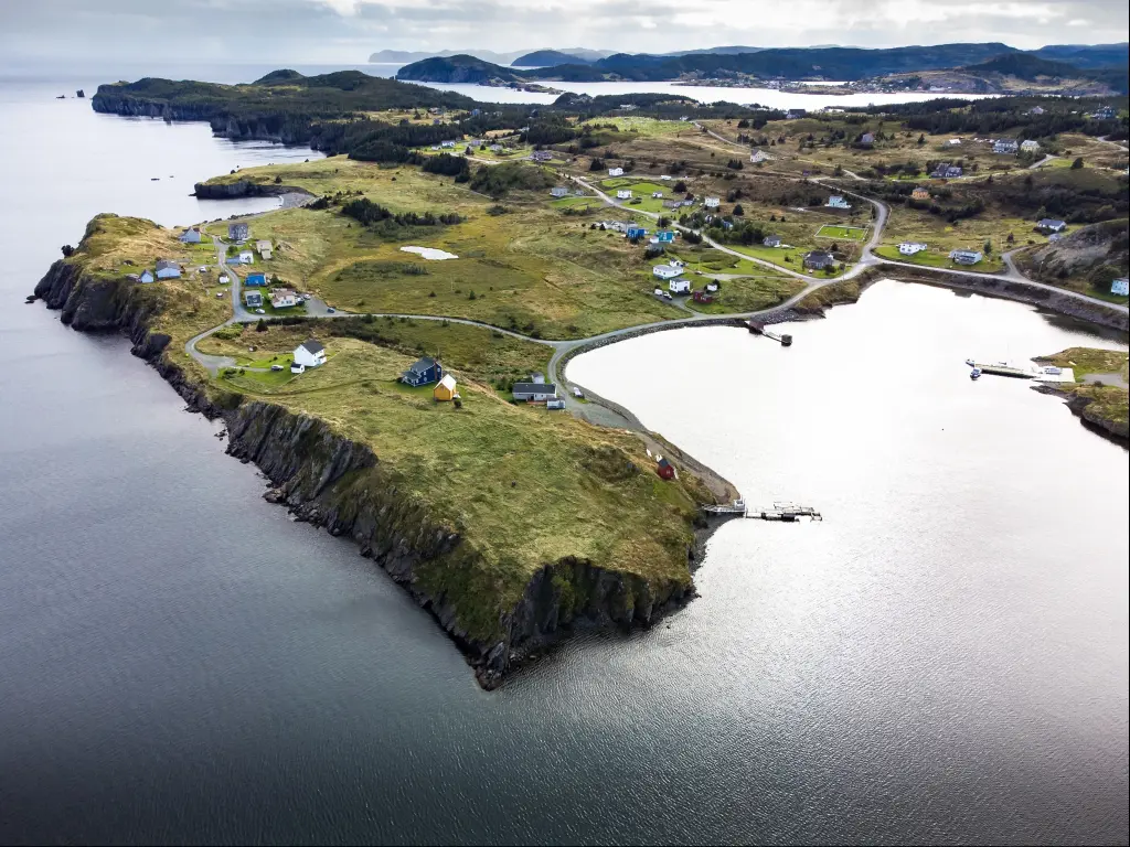 Aerial view of the coastline at Port Rexton, Newfoundland, Canada