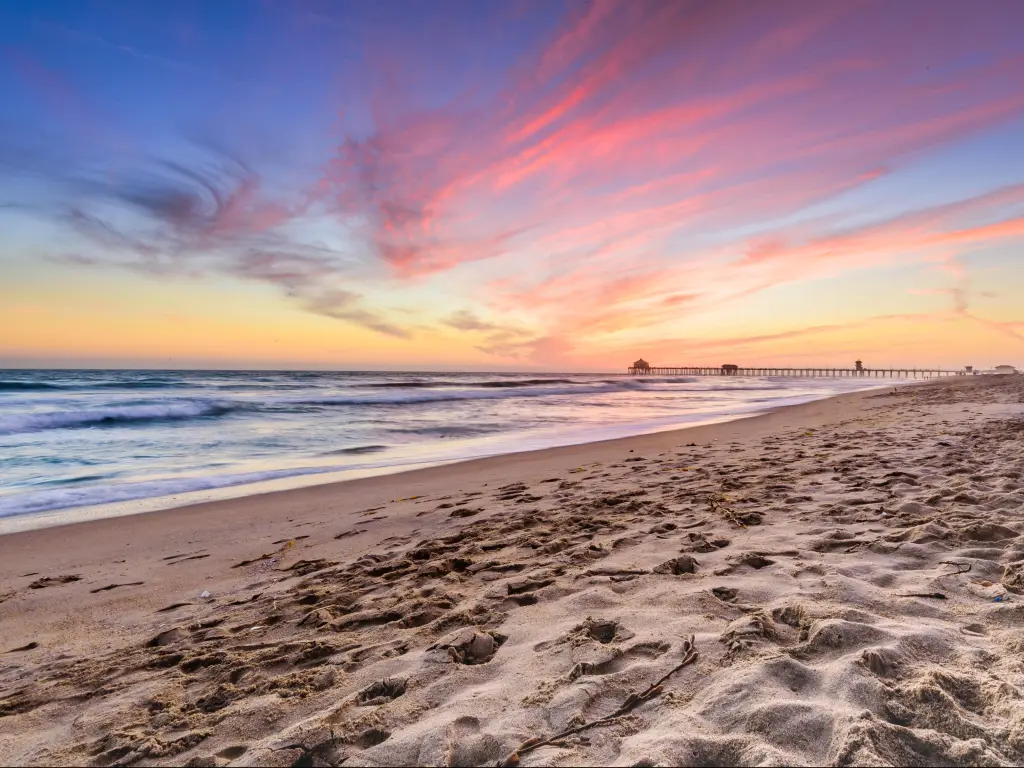 Huntington Beach, California, USA taken at sunset with the beach and sea in view.