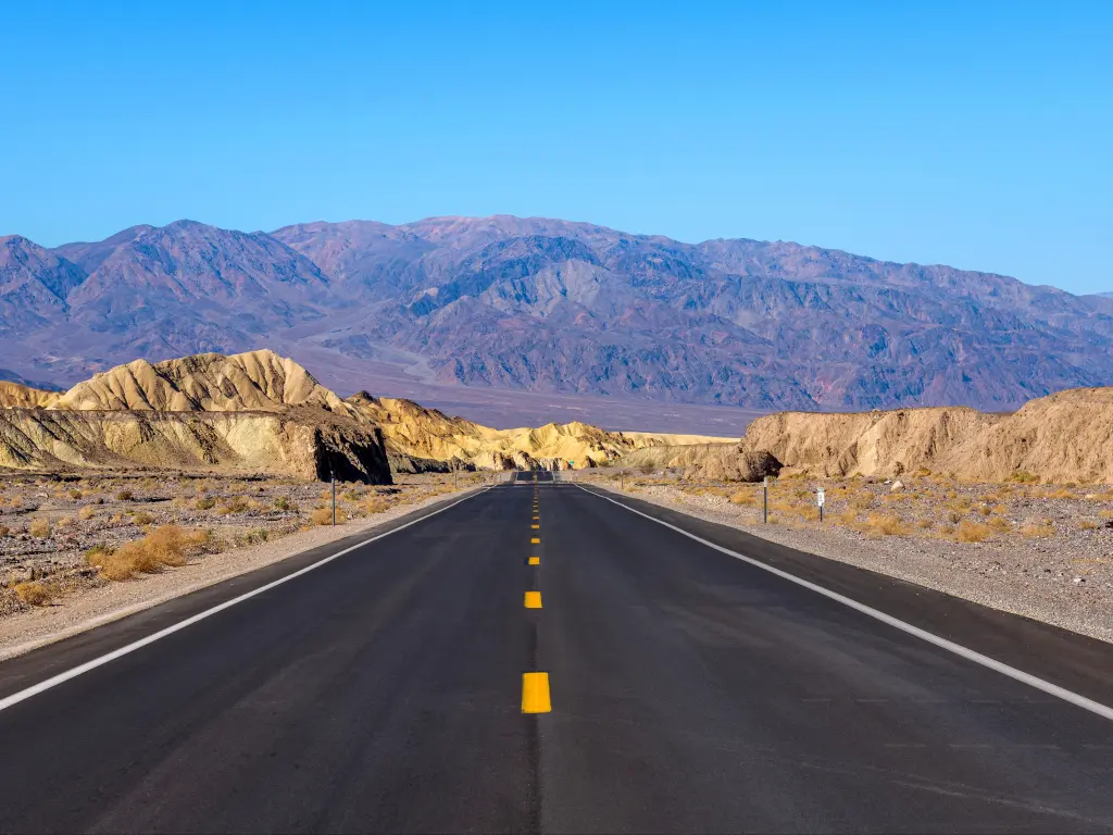 A wide angle view of newly resurfaced highway 190, Death Valley National Park, CA, USA