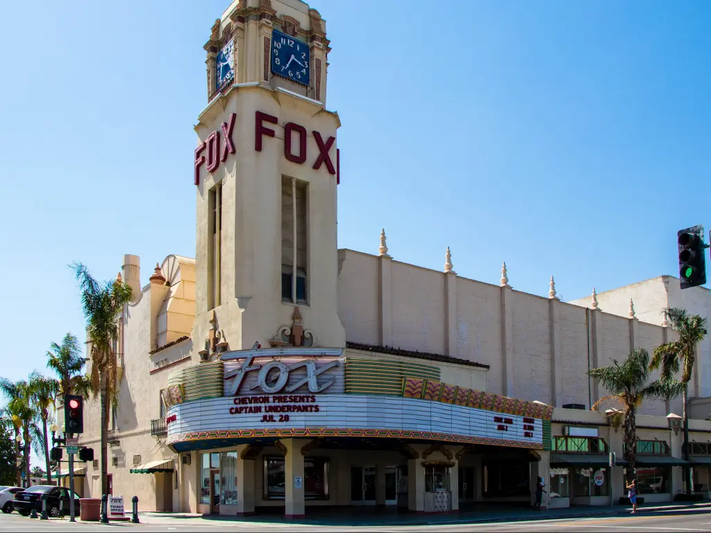 The legendary Fox Theater in Bakersfield on a sunny day with a blue sky above