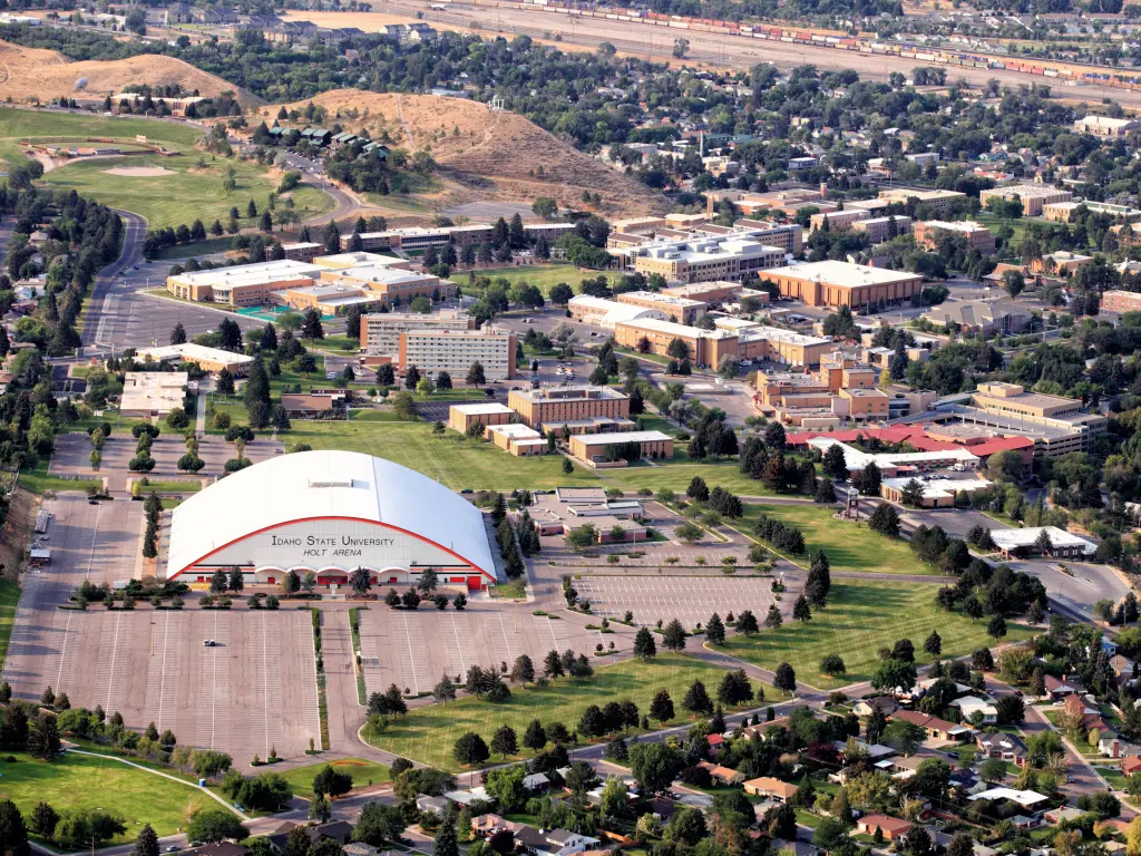 Aerial image of the town with Idaho State University in the middle