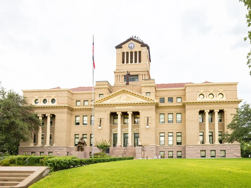 Front of the County Courthouse on a cloudy day