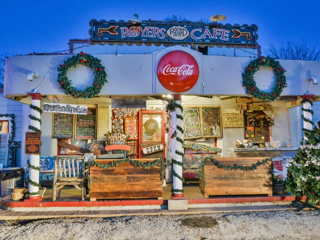 Small vintage cafe, decorated for Christmas