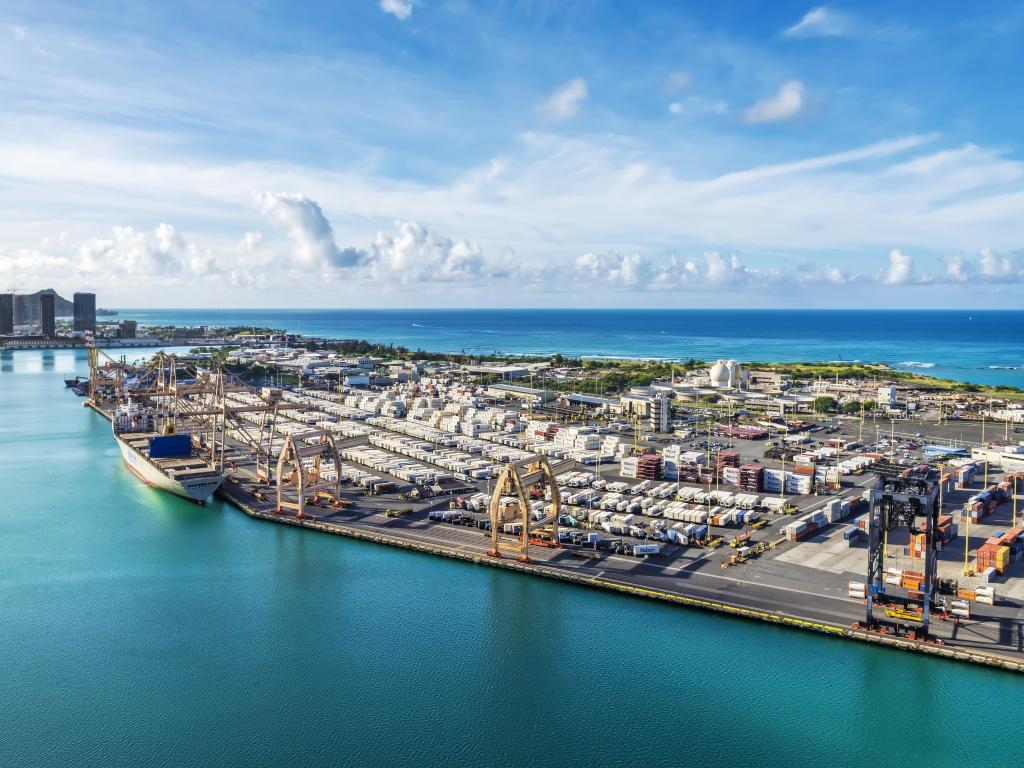 Aerial view of the container area at Honolulu's shipping port in Hawaii, on a clear day