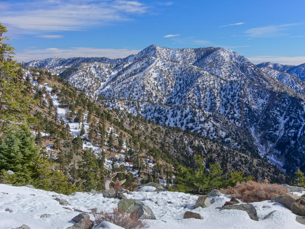 Winter views of Mount Baldy. Officially known as Mt San Antonio, the highest point in San Gabriel Mountains of San Bernardino County in Southern California.
