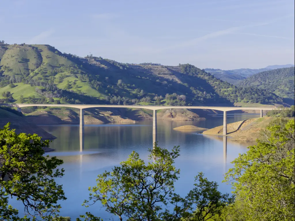 Panoramic view of the bridge spanning New Melones Lake on a summer's day in California