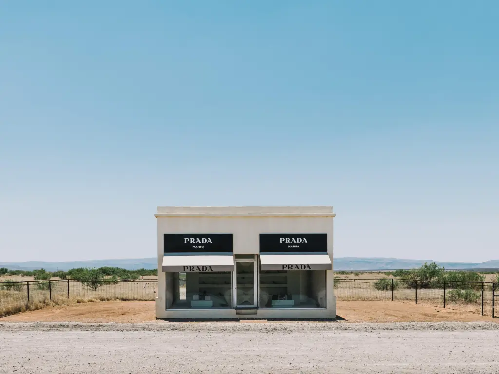 Unusual Prada Art Installation along the roadside as you head through Marfa, Texas, USA