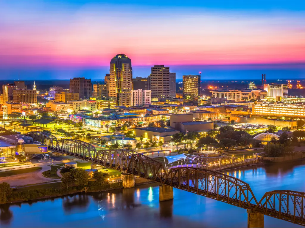 Shreveport, Louisiana downtown skyline on the Red River at sunset