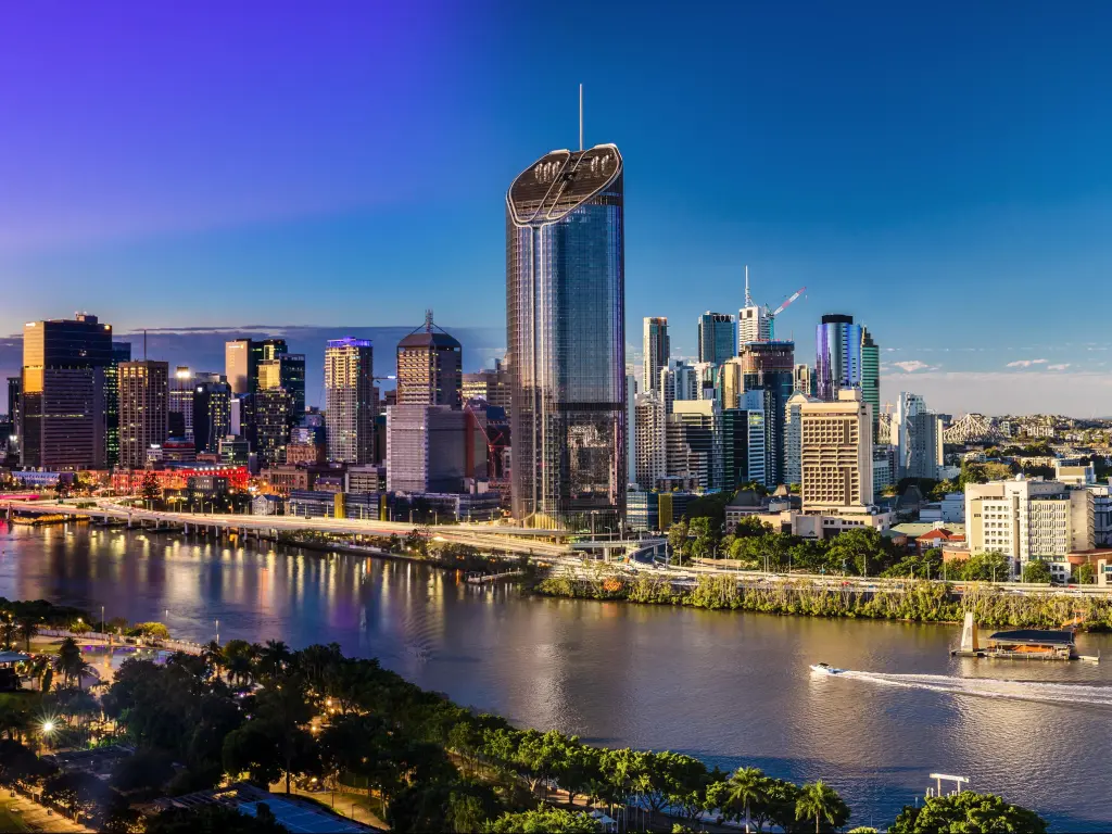 Panoramic day and night skyline of Brisbane CBD and South Bank, Australia